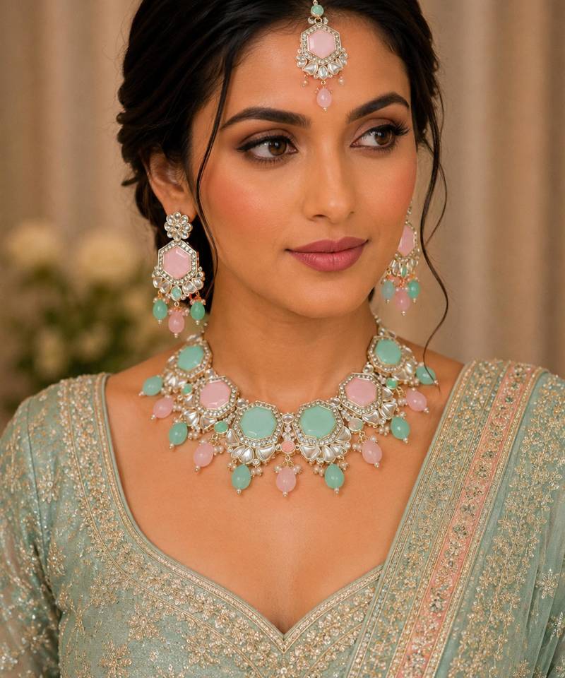 Pink pista color necklace set with earrings & maang tikka | kundan & agate stone | lekar gold plating