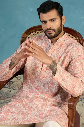 Mens multi viscose rayon embroidered calf length straight regular kurta with trouser