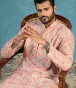 Mens multi viscose rayon embroidered calf length straight regular kurta with trouser