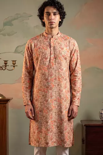 Mens multi viscose rayon embroidered calf length straight regular kurta with trouser