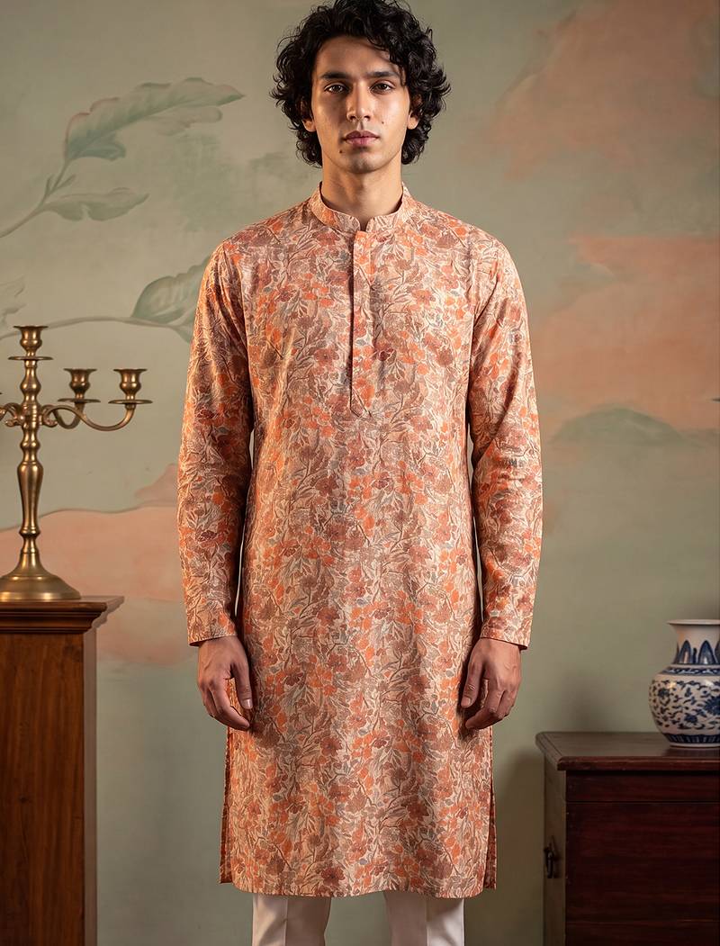 Mens multi viscose rayon embroidered calf length straight regular kurta with trouser