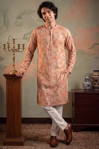 Mens multi viscose rayon embroidered calf length straight regular kurta with trouser