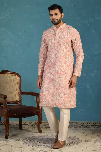 Mens multi viscose rayon embroidered calf length straight regular kurta with trouser