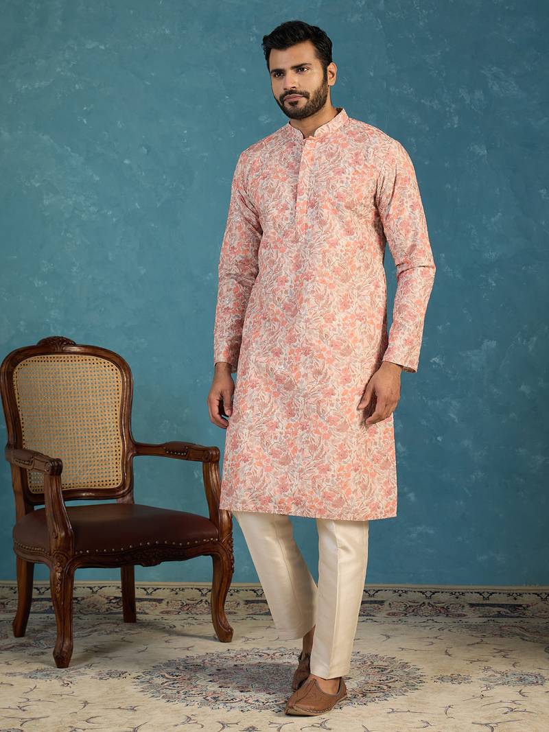 Mens multi viscose rayon embroidered calf length straight regular kurta with trouser