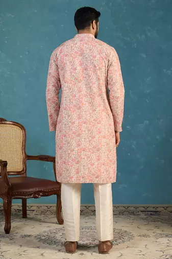 Mens multi viscose rayon embroidered calf length straight regular kurta with trouser