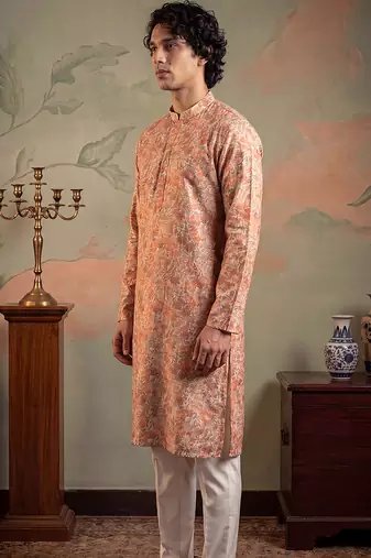 Mens multi viscose rayon embroidered calf length straight regular kurta with trouser