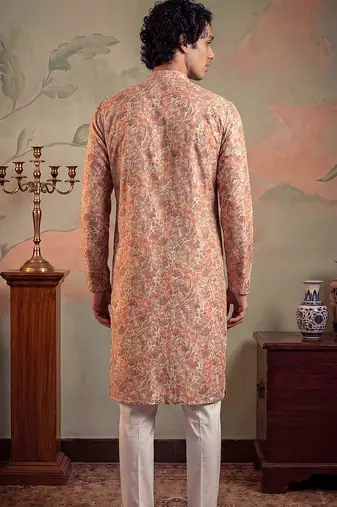Mens multi viscose rayon embroidered calf length straight regular kurta with trouser