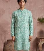 Mens teal viscose rayon embroidered calf length straight regular kurta with trouser
