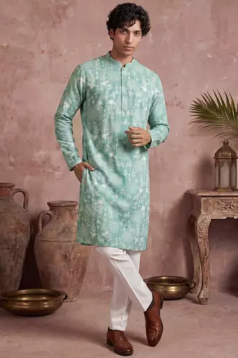 Mens teal viscose rayon embroidered calf length straight regular kurta with trouser