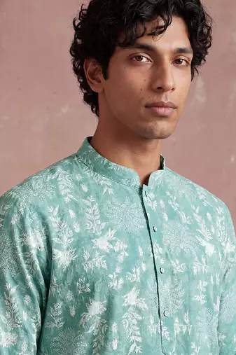 Mens teal viscose rayon embroidered calf length straight regular kurta with trouser