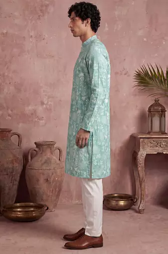 Mens teal viscose rayon embroidered calf length straight regular kurta with trouser
