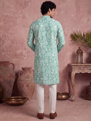 Mens teal viscose rayon embroidered calf length straight regular kurta with trouser 5