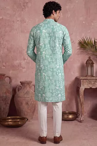 Mens teal viscose rayon embroidered calf length straight regular kurta with trouser