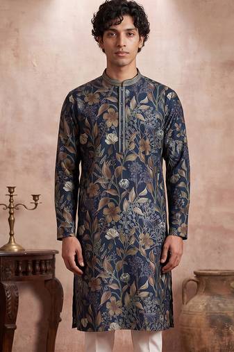 Mens blue modal floral printed calf length straight regular kurta with trouser