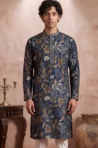 Mens blue modal floral printed calf length straight regular kurta with trouser