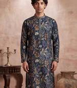 Mens blue modal floral printed calf length straight regular kurta with trouser