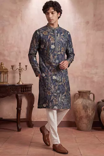 Mens blue modal floral printed calf length straight regular kurta with trouser