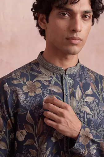 Mens blue modal floral printed calf length straight regular kurta with trouser