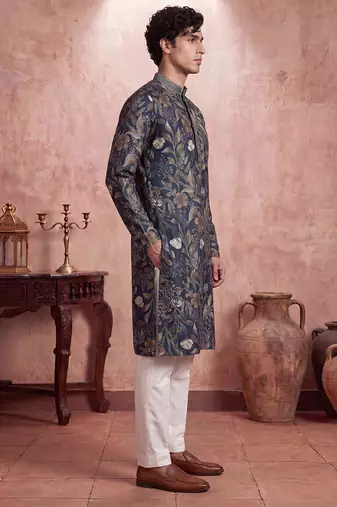 Mens blue modal floral printed calf length straight regular kurta with trouser