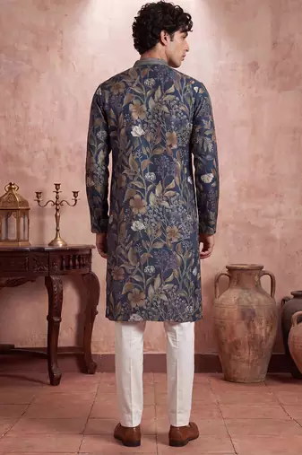 Mens blue modal floral printed calf length straight regular kurta with trouser