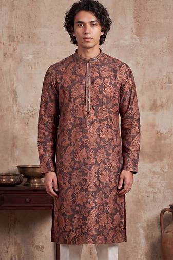 Mens grey modal floral printed calf length straight regular kurta with trouser