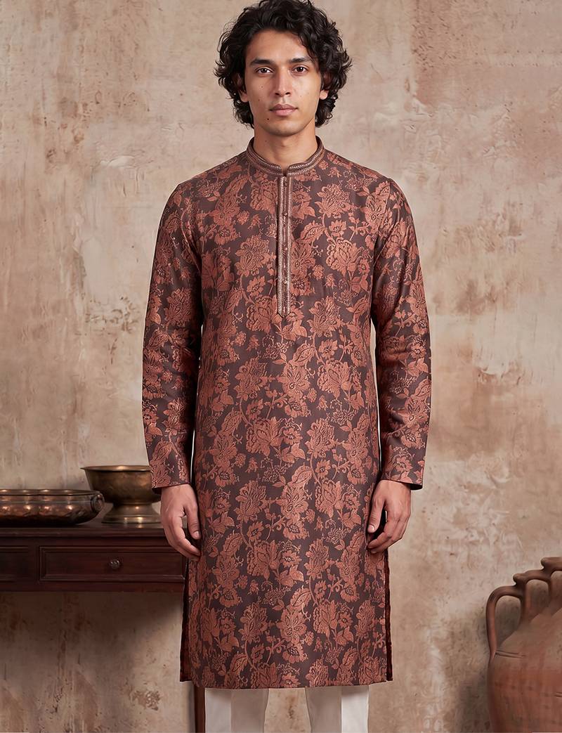 Mens grey modal floral printed calf length straight regular kurta with trouser