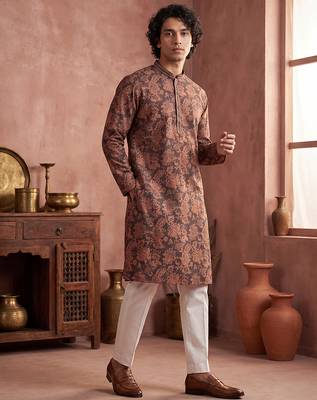 Mens grey modal floral printed calf length straight regular kurta with trouser 2