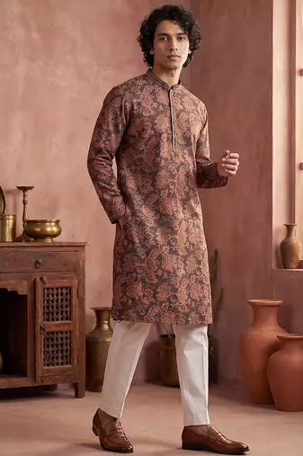Mens grey modal floral printed calf length straight regular kurta with trouser
