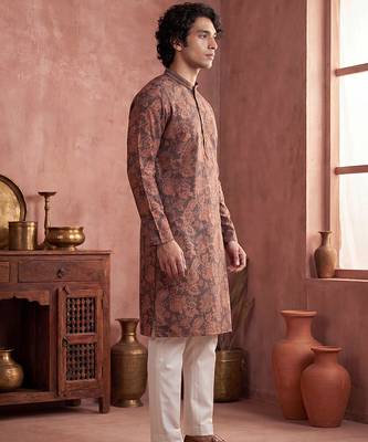 Mens grey modal floral printed calf length straight regular kurta with trouser 4