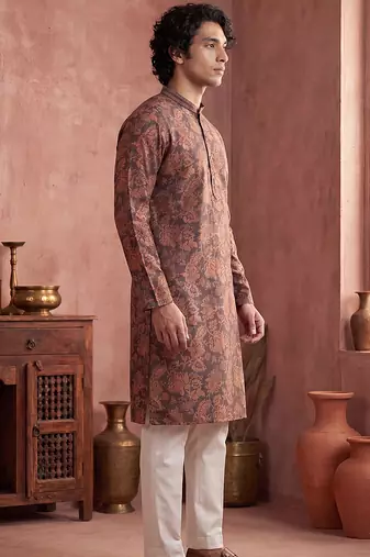 Mens grey modal floral printed calf length straight regular kurta with trouser