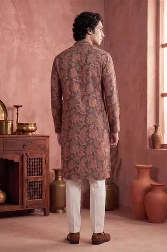Mens grey modal floral printed calf length straight regular kurta with trouser
