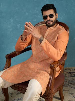 Mens peach modal embroidered calf length straight regular kurta with trouser 1