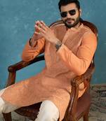 Mens peach modal embroidered calf length straight regular kurta with trouser