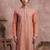 Mens peach modal embroidered calf length straight regular kurta with trouser
