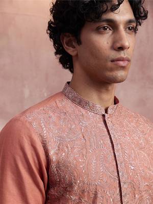 Mens peach modal embroidered calf length straight regular kurta with trouser 2
