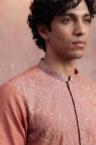 Mens peach modal embroidered calf length straight regular kurta with trouser