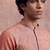 Mens peach modal embroidered calf length straight regular kurta with trouser