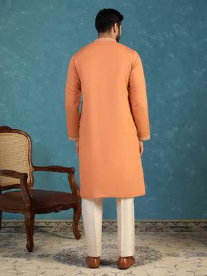 Mens peach modal embroidered calf length straight regular kurta with trouser 4