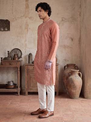 Mens peach modal embroidered calf length straight regular kurta with trouser 4
