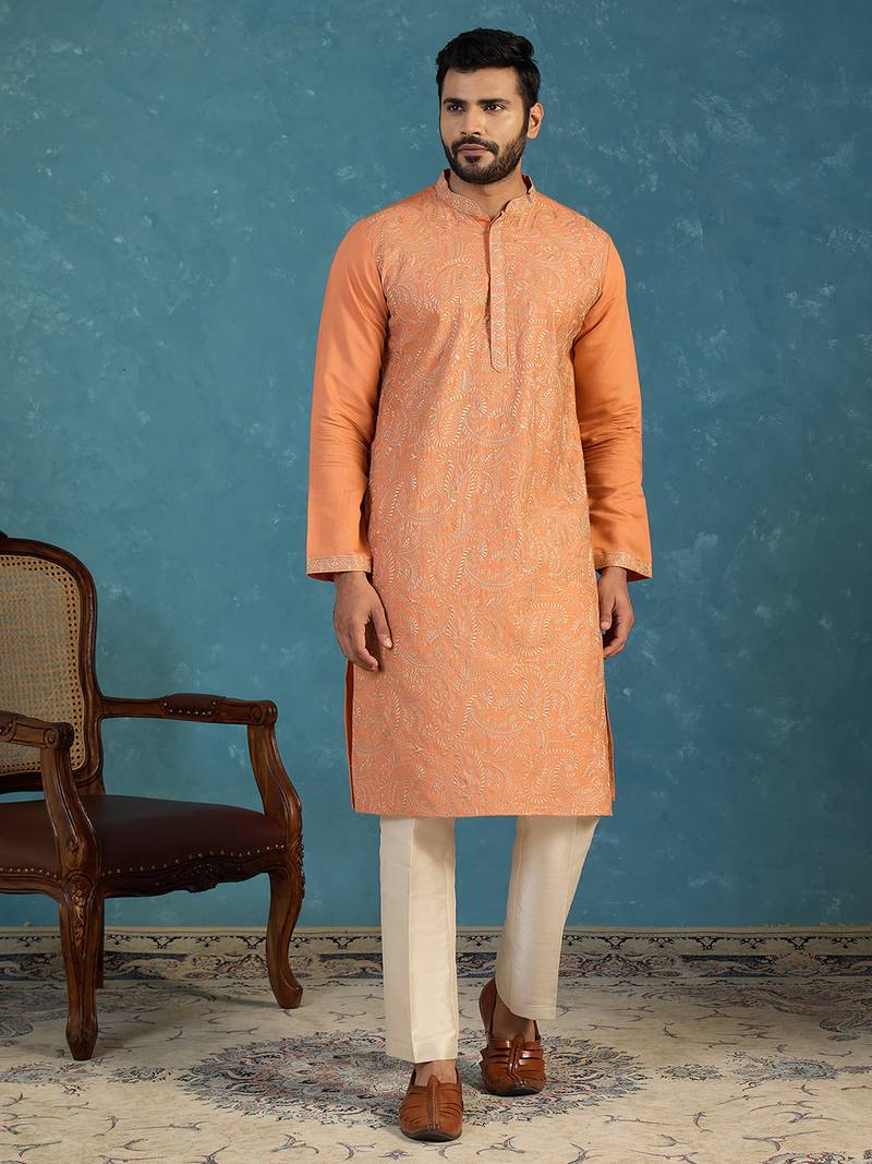Mens peach modal embroidered calf length straight regular kurta with trouser