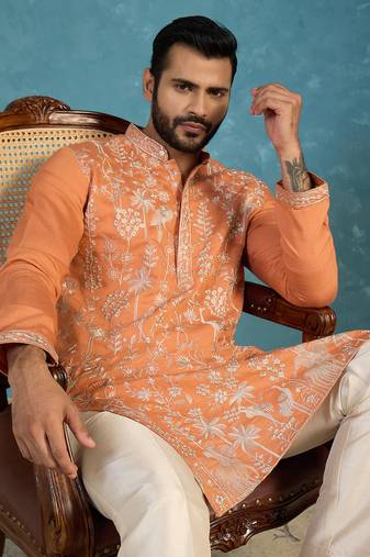Mens orange modal embroidered calf length straight regular kurta with trouser