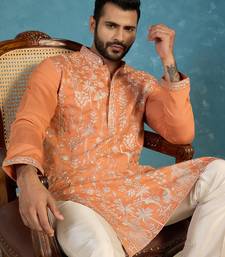 Mens orange modal embroidered calf length straight regular kurta with trouser