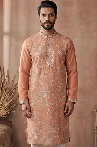 Mens orange modal embroidered calf length straight regular kurta with trouser