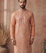 Mens orange modal embroidered calf length straight regular kurta with trouser
