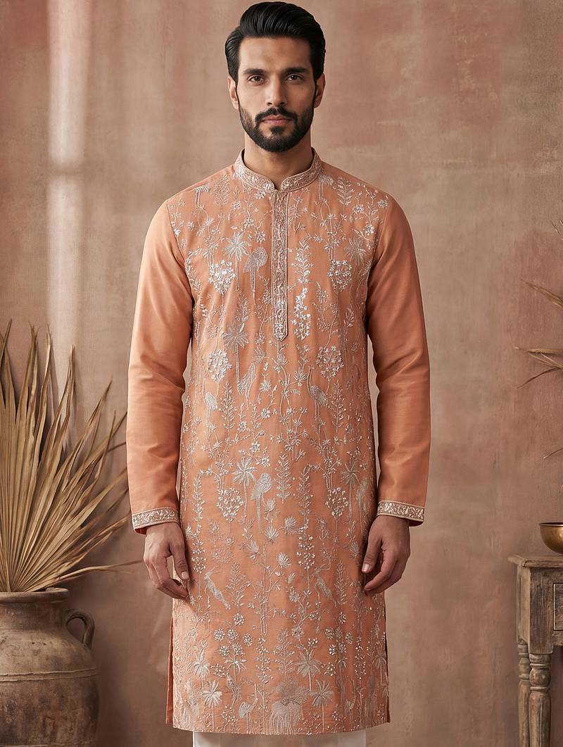 Mens orange modal embroidered calf length straight regular kurta with trouser