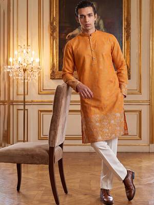 Mens orange silk blend woven design calf length straight regular kurta 1