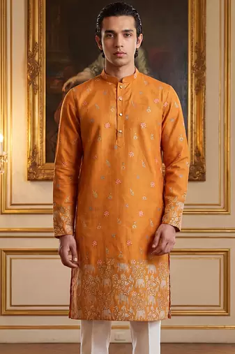 Mens orange silk blend woven design calf length straight regular kurta