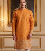 Mens orange silk blend woven design calf length straight regular kurta
