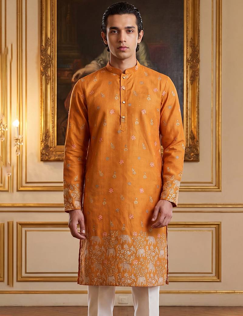 Mens orange silk blend woven design calf length straight regular kurta