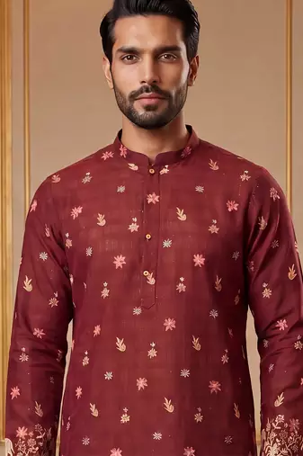 Mens maroon silk blend woven design calf length straight regular kurta